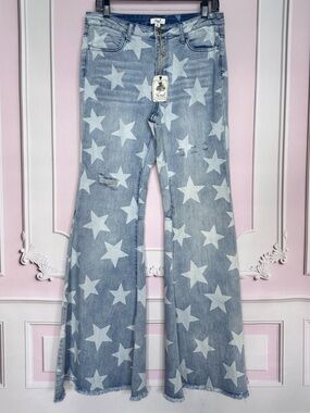 EASEL Super Flare High Rise Distressed Faded Star Blue Jeans--NWT--L